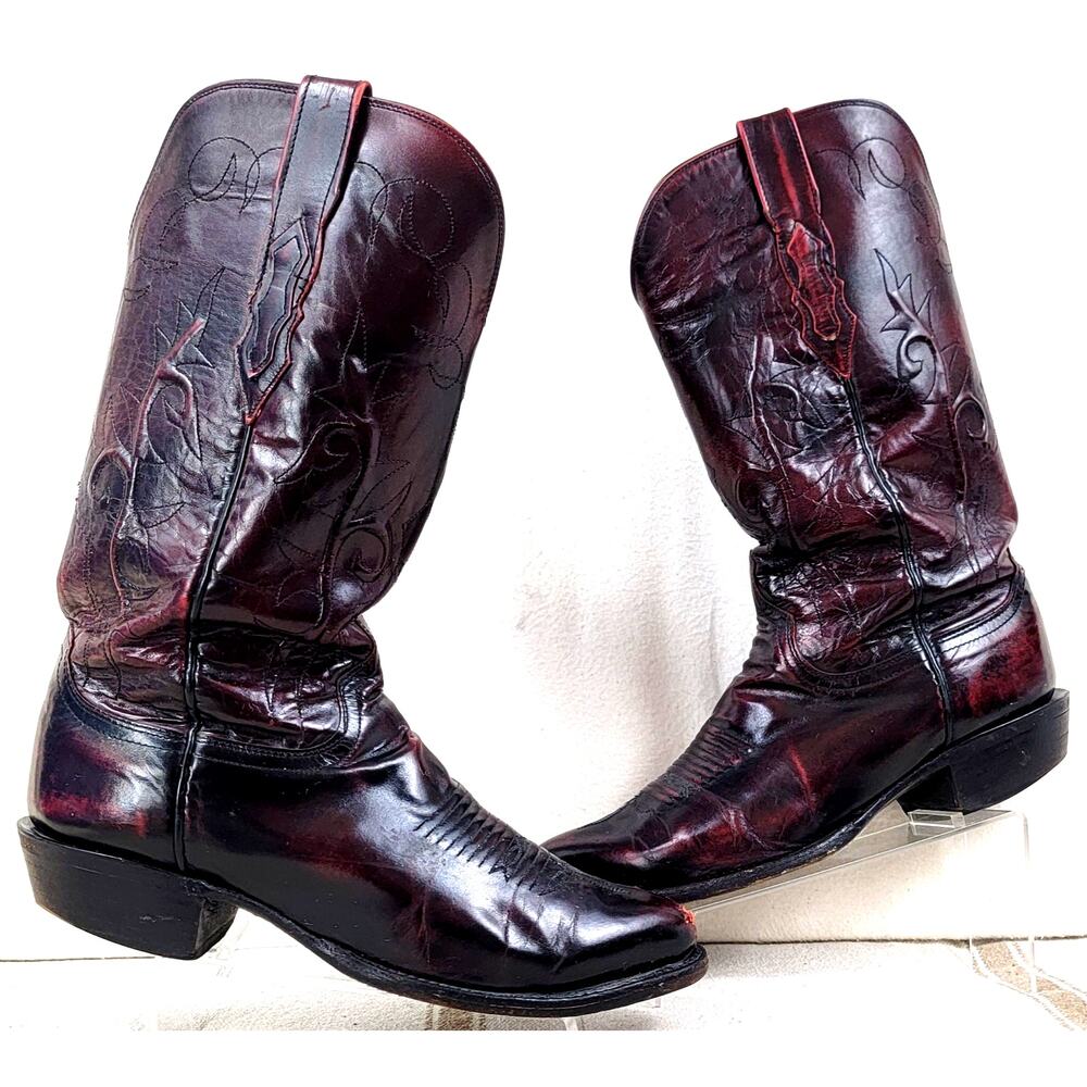 Vintage Lucchese Roper Cowboy Boots Dark Cherry USA Leather Men’s 7.5E Western